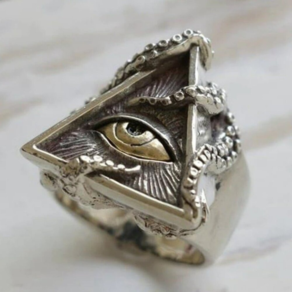Huge Illuminati Eye Triangle Silver Unique Ring